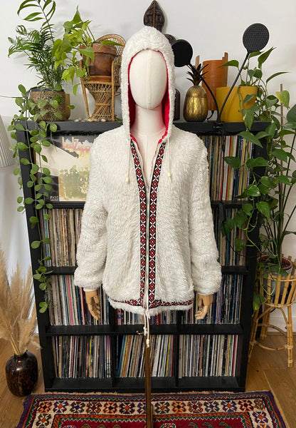 Vintage 1970s White Embroidered Trim Faux Fur Parka