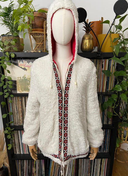 Vintage 1970s White Embroidered Trim Faux Fur Parka