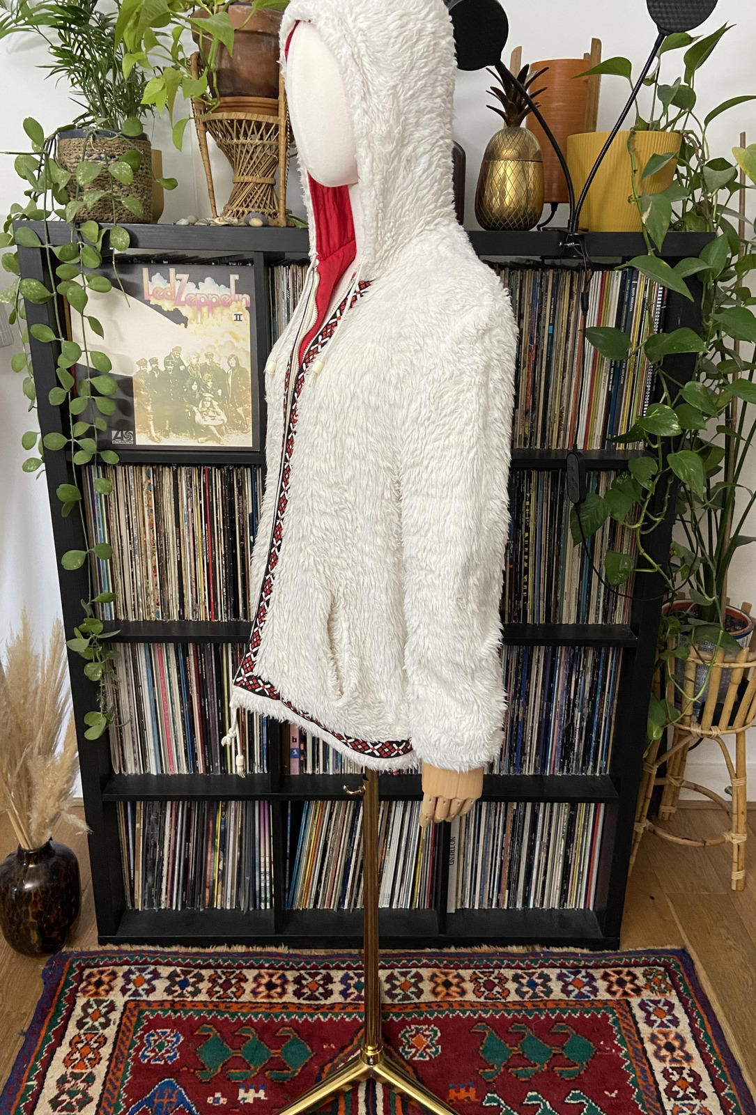 Vintage 1970s White Embroidered Trim Faux Fur Parka