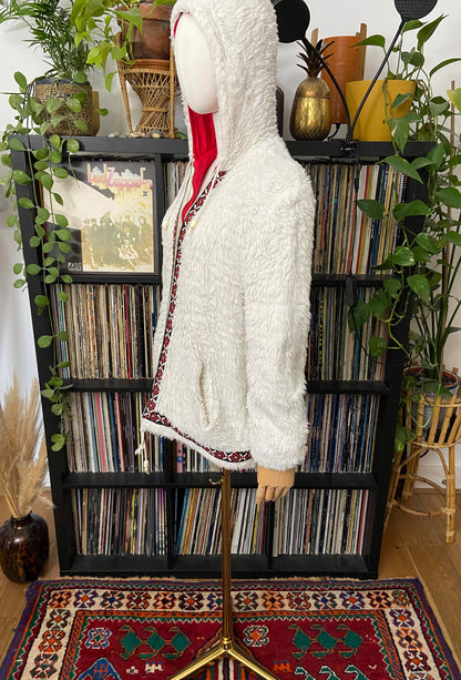 Vintage 1970s White Embroidered Trim Faux Fur Parka