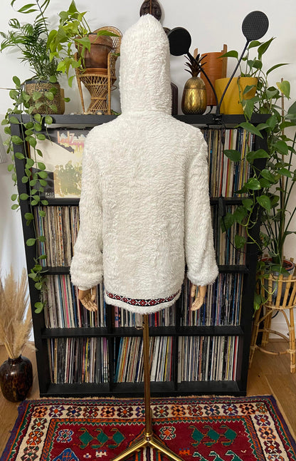 Vintage 1970s White Embroidered Trim Faux Fur Parka