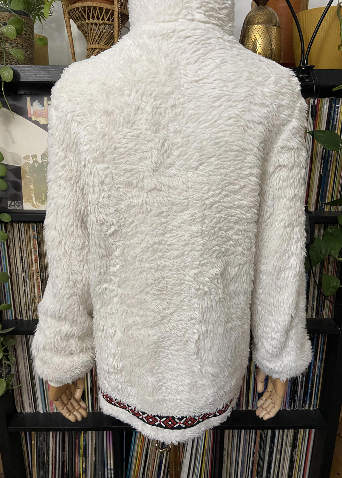 Vintage 1970s White Embroidered Trim Faux Fur Parka