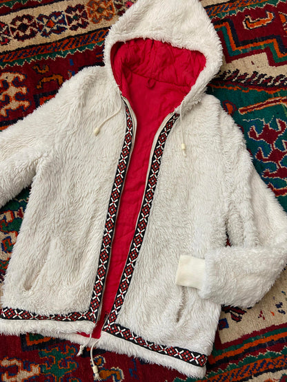 Vintage 1970s White Embroidered Trim Faux Fur Parka