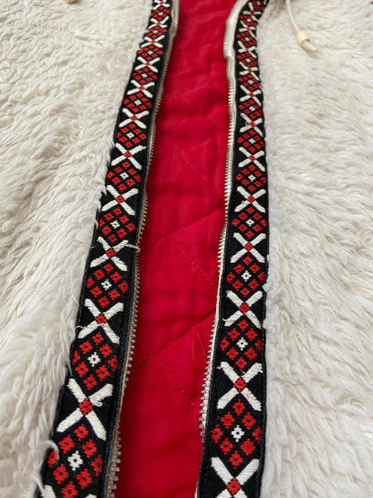 Vintage 1970s White Embroidered Trim Faux Fur Parka