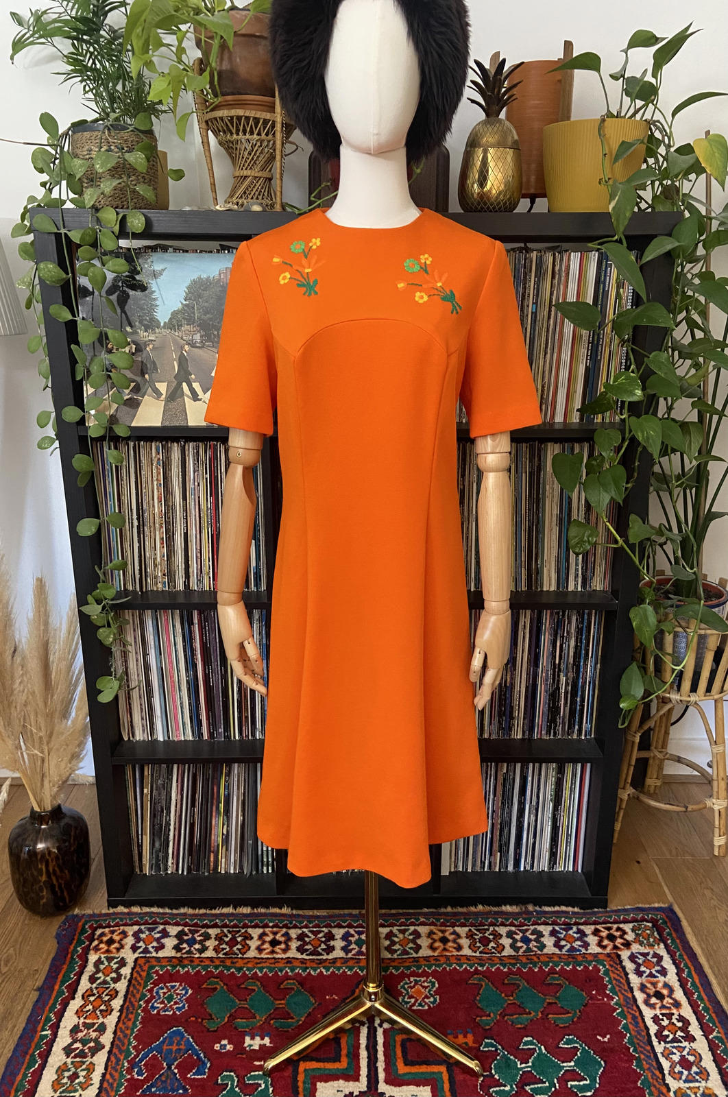 Vintage 1960s Orange Floral Embroidered Dress
