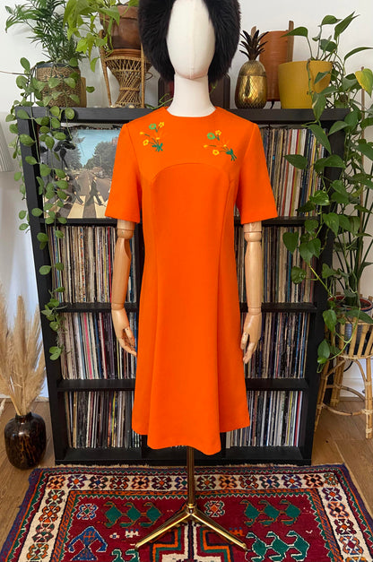 Vintage 1960s Orange Floral Embroidered Dress