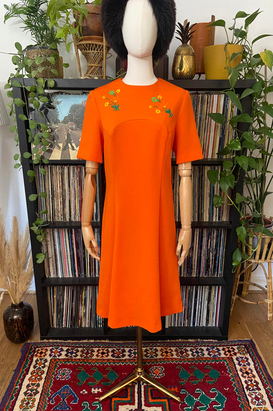 Vintage 1960s Orange Floral Embroidered Dress