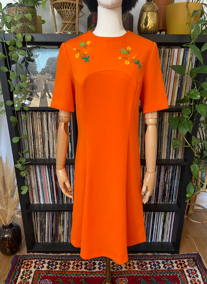 Vintage 1960s Orange Floral Embroidered Dress