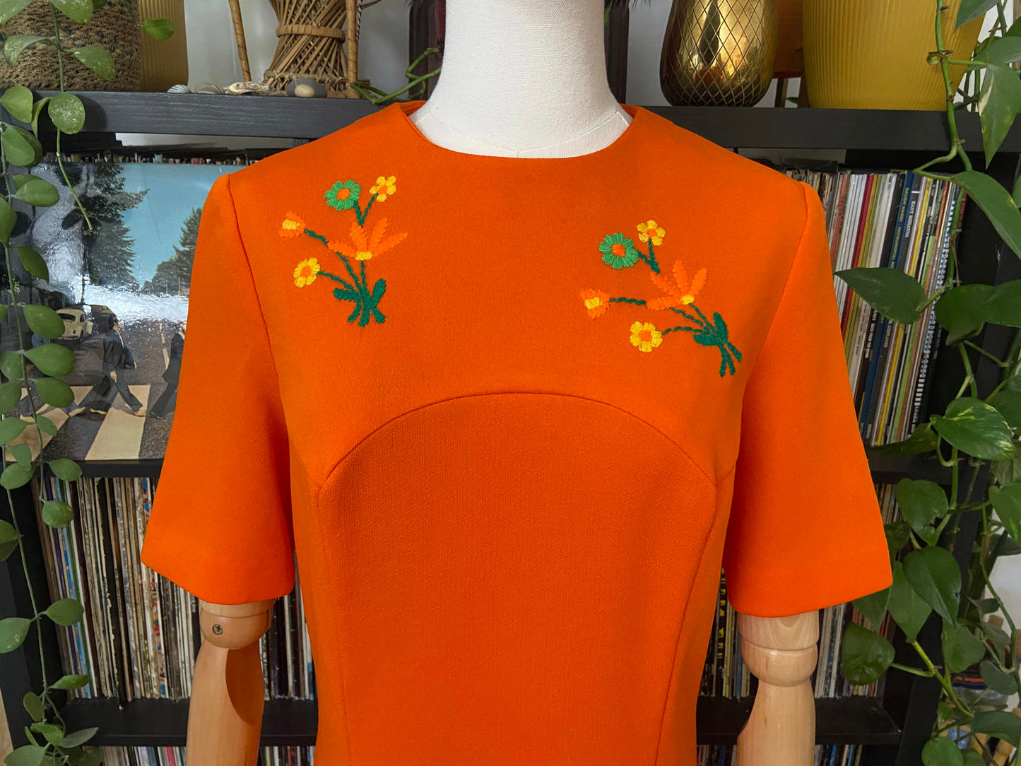 Vintage 1960s Orange Floral Embroidered Dress