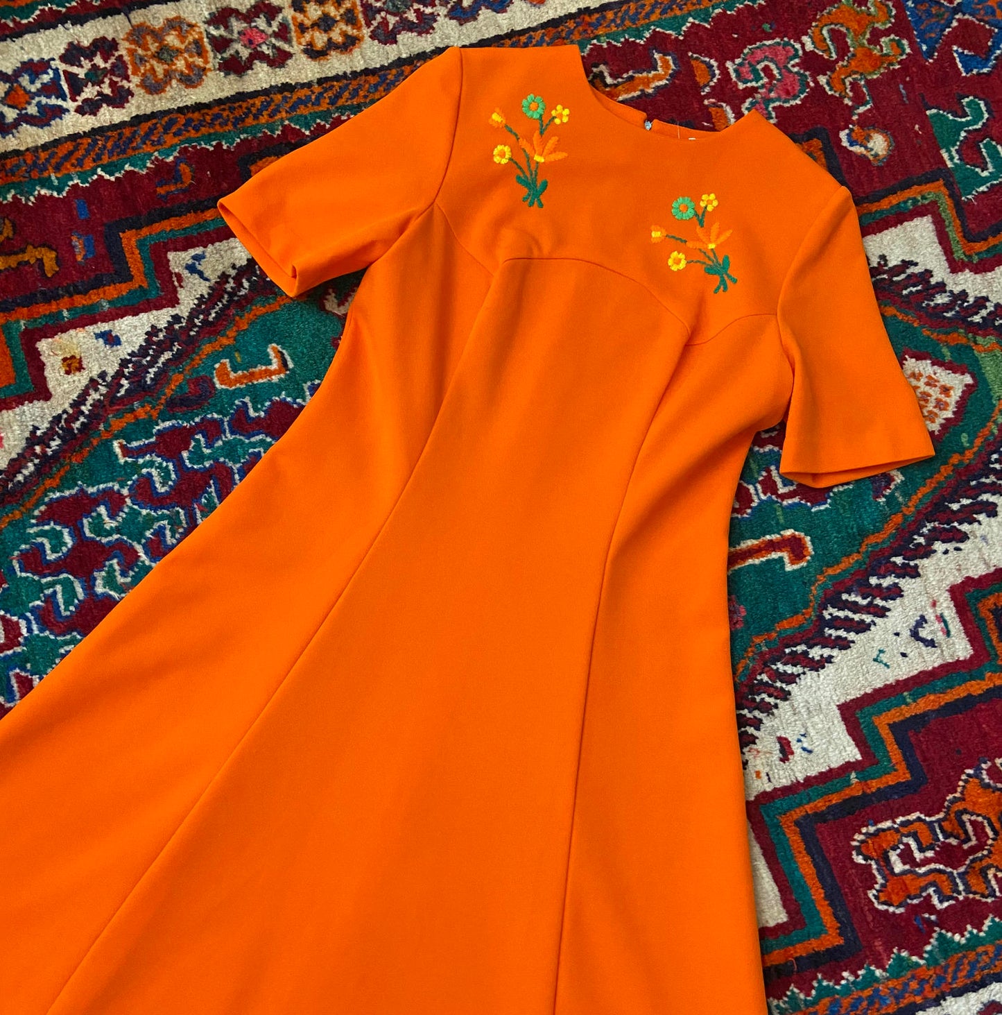 Vintage 1960s Orange Floral Embroidered Dress