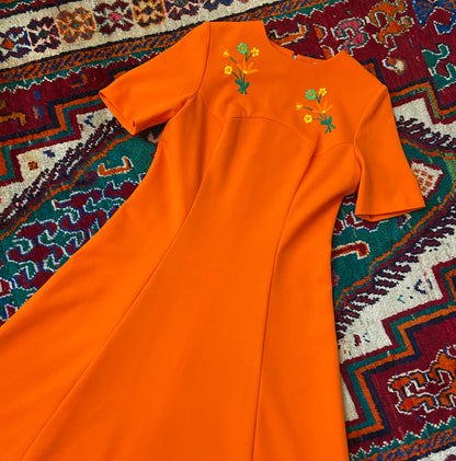 Vintage 1960s Orange Floral Embroidered Dress
