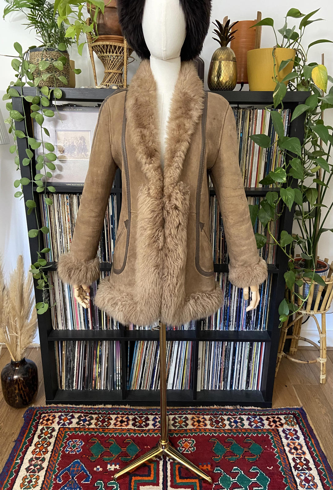 Vintage 1970s Beige Leather Trim Afghan Coat