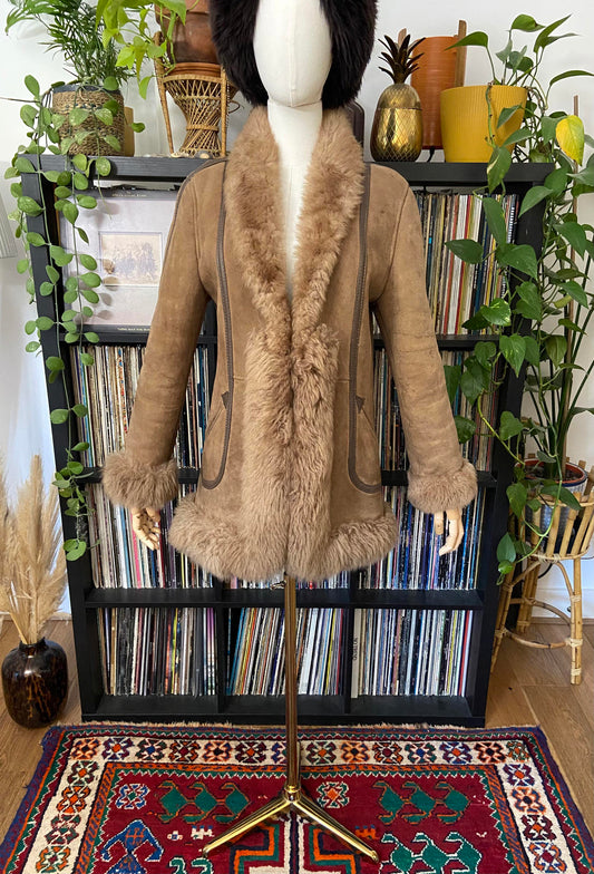 Vintage 1970s Beige Leather Trim Afghan Coat