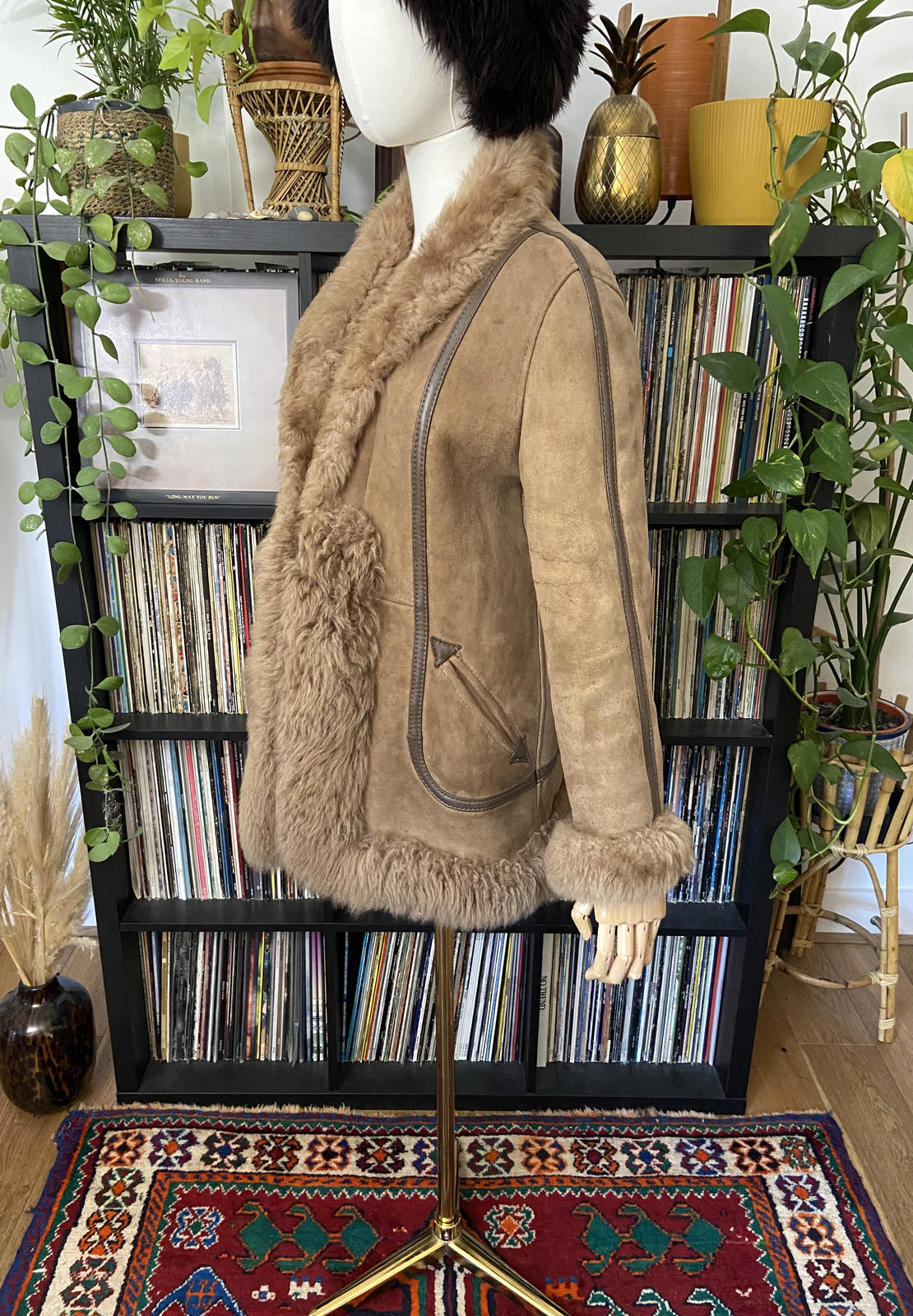 Vintage 1970s Beige Leather Trim Afghan Coat