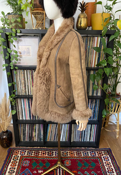 Vintage 1970s Beige Leather Trim Afghan Coat