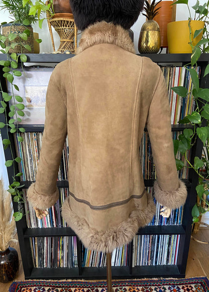 Vintage 1970s Beige Leather Trim Afghan Coat