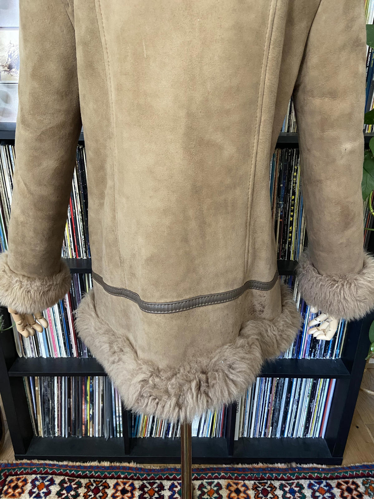 Vintage 1970s Beige Leather Trim Afghan Coat