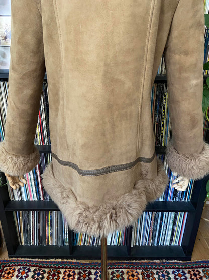 Vintage 1970s Beige Leather Trim Afghan Coat
