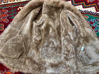 Vintage 1970s Beige Leather Trim Afghan Coat