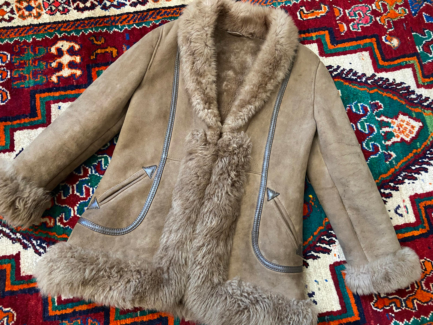 Vintage 1970s Beige Leather Trim Afghan Coat