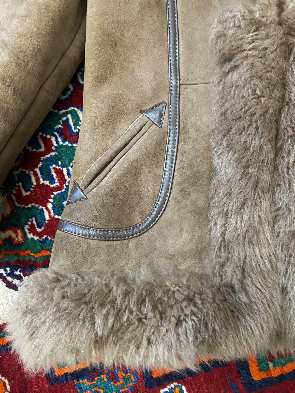 Vintage 1970s Beige Leather Trim Afghan Coat
