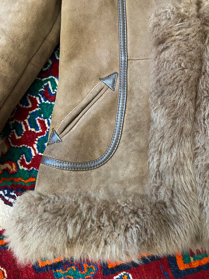 Vintage 1970s Beige Leather Trim Afghan Coat