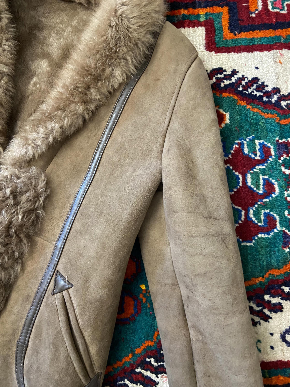 Vintage 1970s Beige Leather Trim Afghan Coat