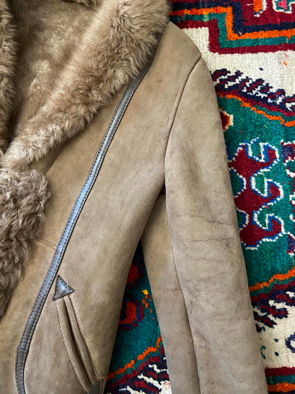 Vintage 1970s Beige Leather Trim Afghan Coat