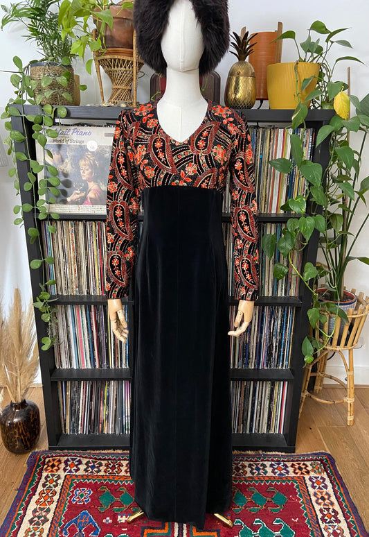 Vintage 1960s Embroidered Velvet Maxi Dress