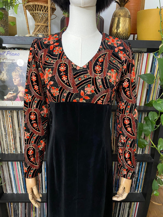 Vintage 1960s Embroidered Velvet Maxi Dress