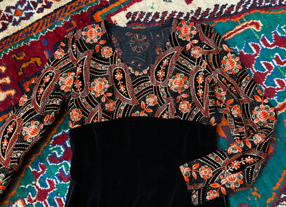 Vintage 1960s Embroidered Velvet Maxi Dress