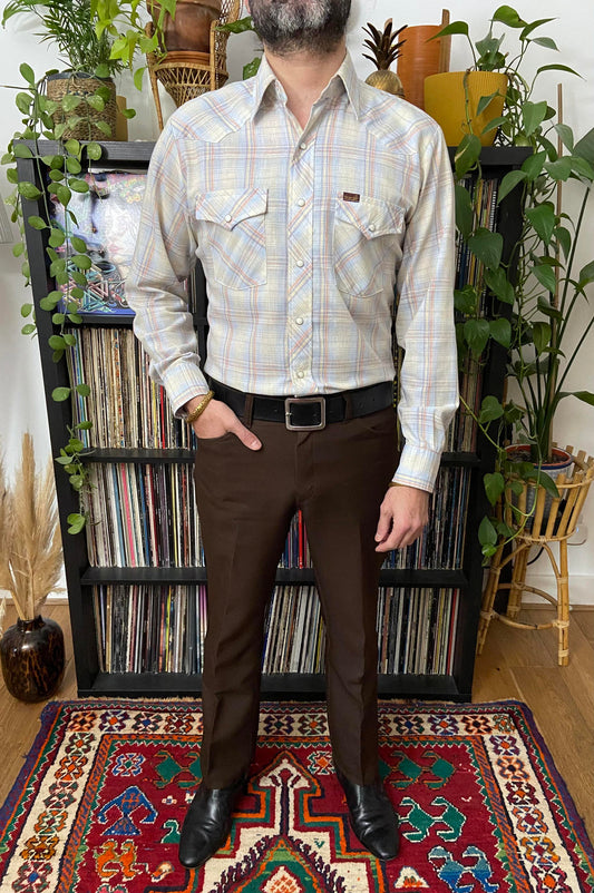 Vintage 1970s Pale Blue Rainbow Label Wrangler Western Shirt