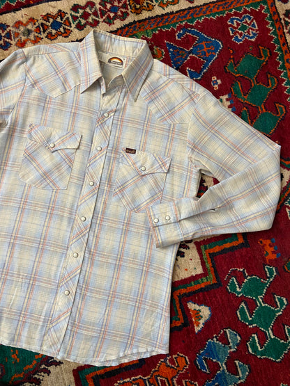 Vintage 1970s Pale Blue Rainbow Label Wrangler Western Shirt