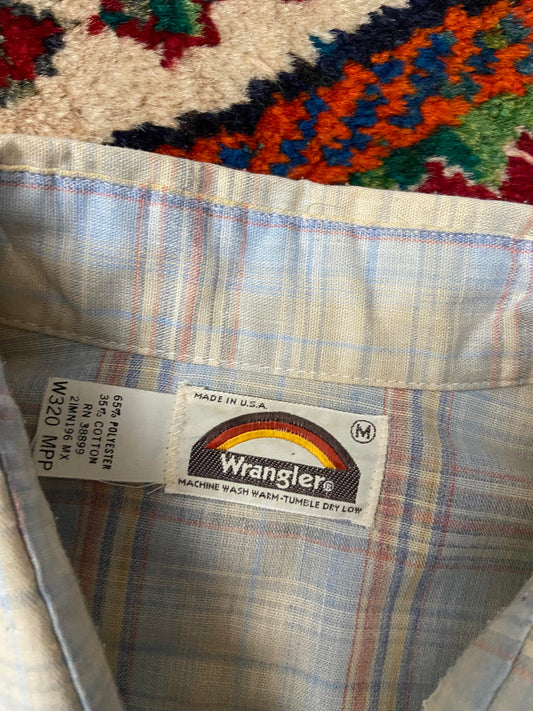 Vintage 1970s Pale Blue Rainbow Label Wrangler Western Shirt