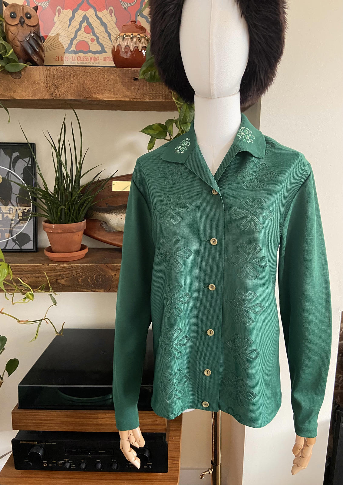 Vintage 1970s Green Crimplene Cardigan