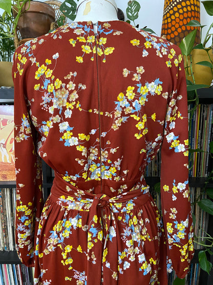 Vintage 1970s Brown Floral Button Dress