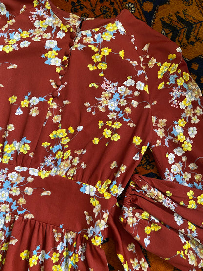 Vintage 1970s Brown Floral Button Dress