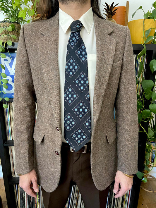 Vintage 1970s Navy Woven Pattern Kipper Tie