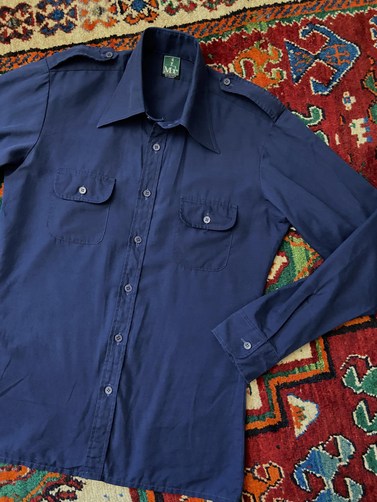 Vintage 1970s Danish Navy Dagger Collar Shirt With Epaulettes
