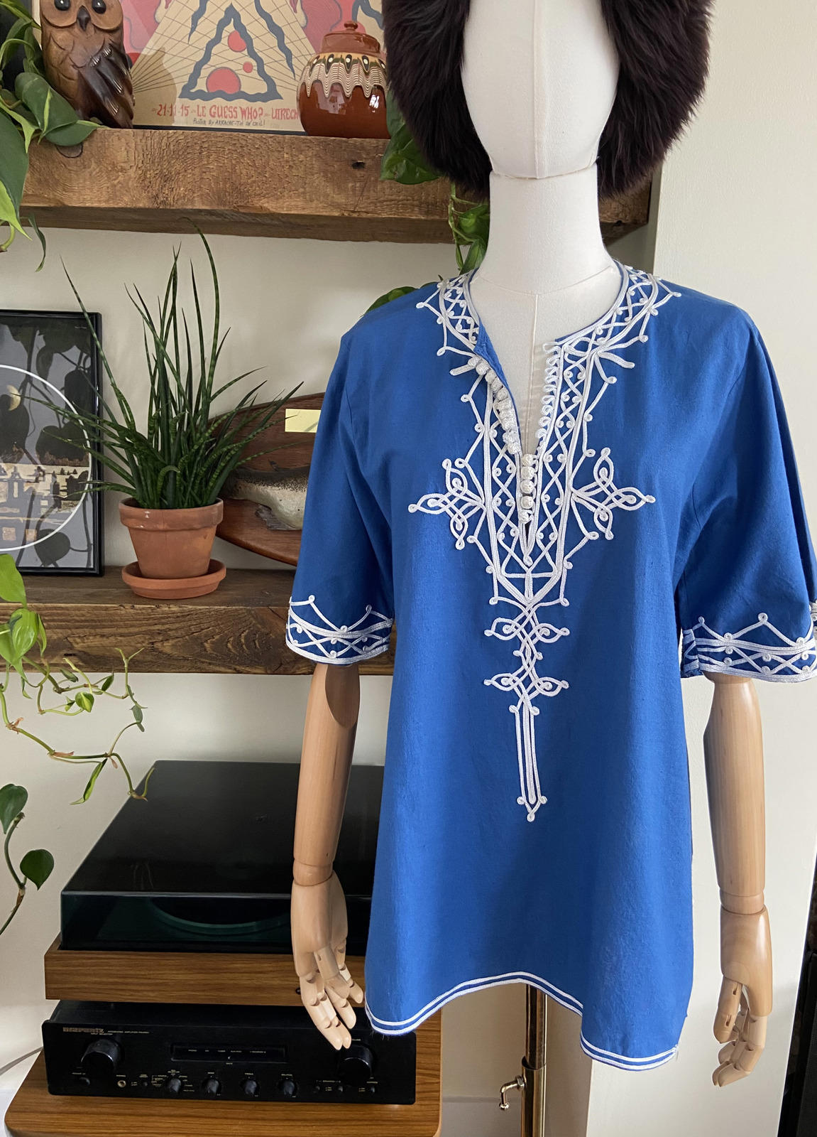 Vintage 1970s Blue White Moroccan Tunic Top