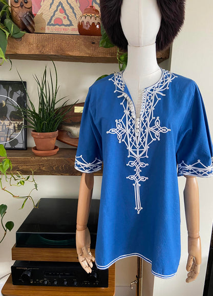 Vintage 1970s Blue White Moroccan Tunic Top