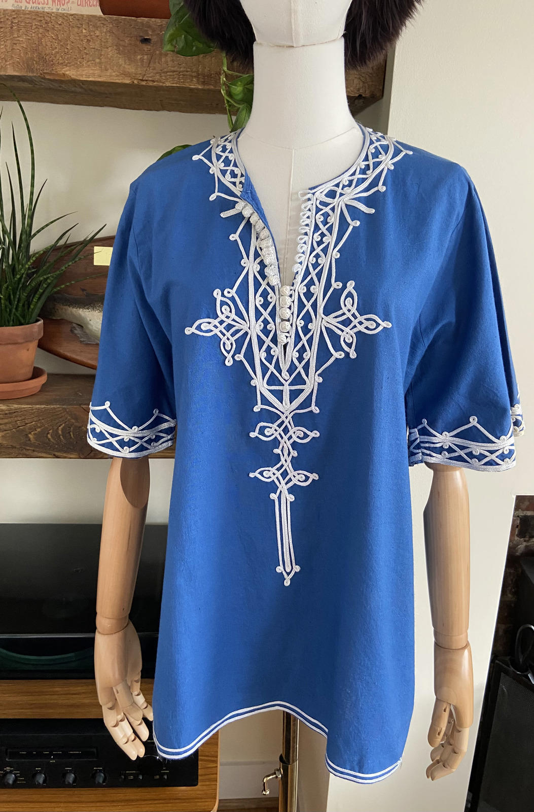 Vintage 1970s Blue White Moroccan Tunic Top