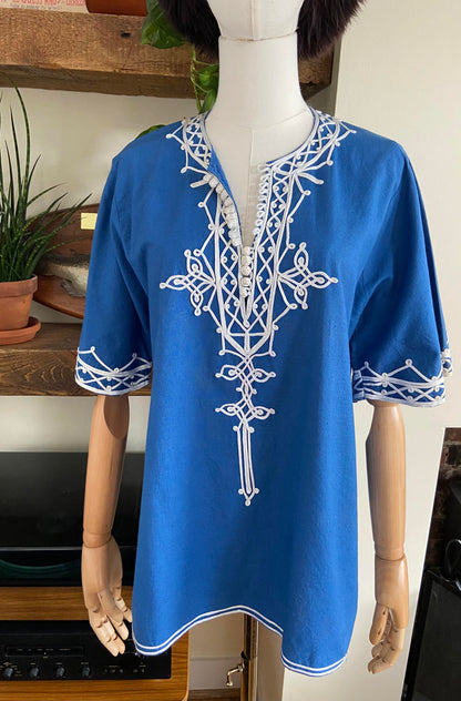 Vintage 1970s Blue White Moroccan Tunic Top