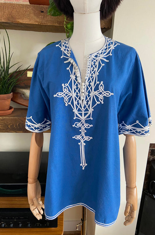 Vintage 1970s Blue White Moroccan Tunic Top