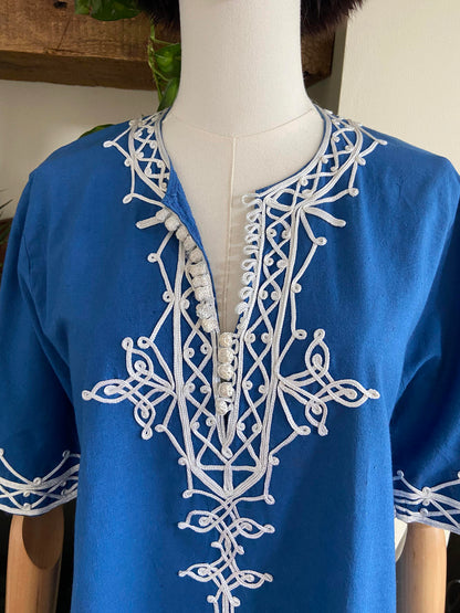 Vintage 1970s Blue White Moroccan Tunic Top