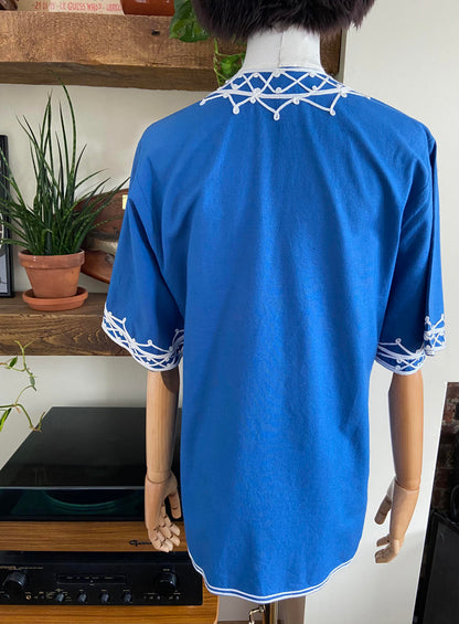Vintage 1970s Blue White Moroccan Tunic Top
