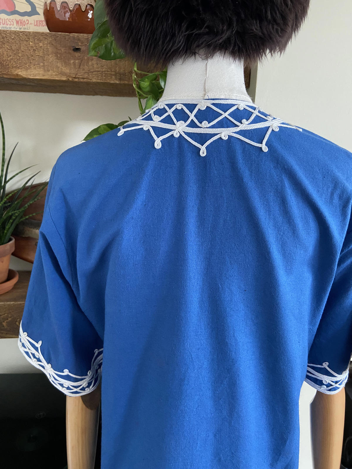 Vintage 1970s Blue White Moroccan Tunic Top