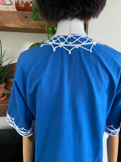 Vintage 1970s Blue White Moroccan Tunic Top