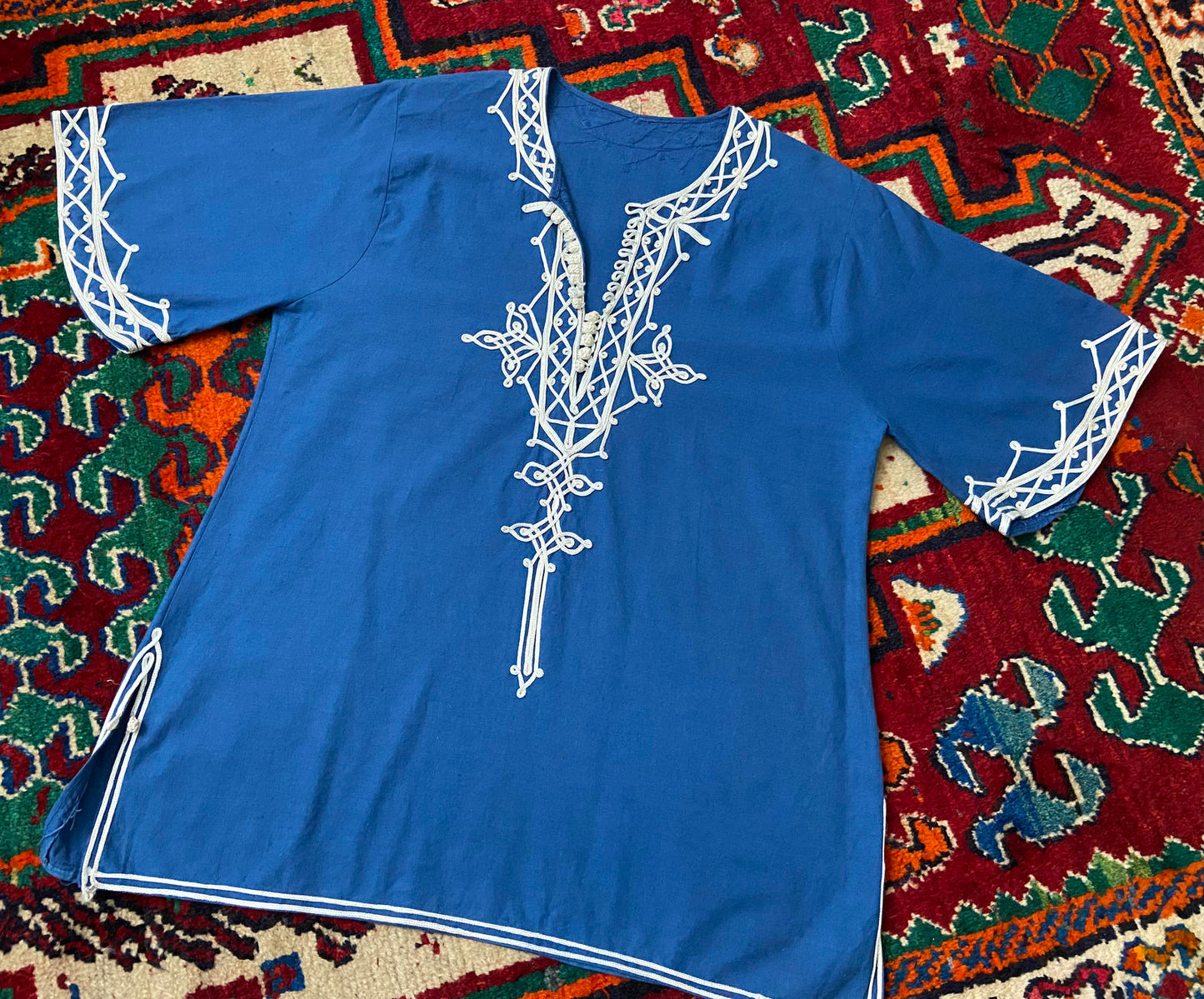 Vintage 1970s Blue White Moroccan Tunic Top