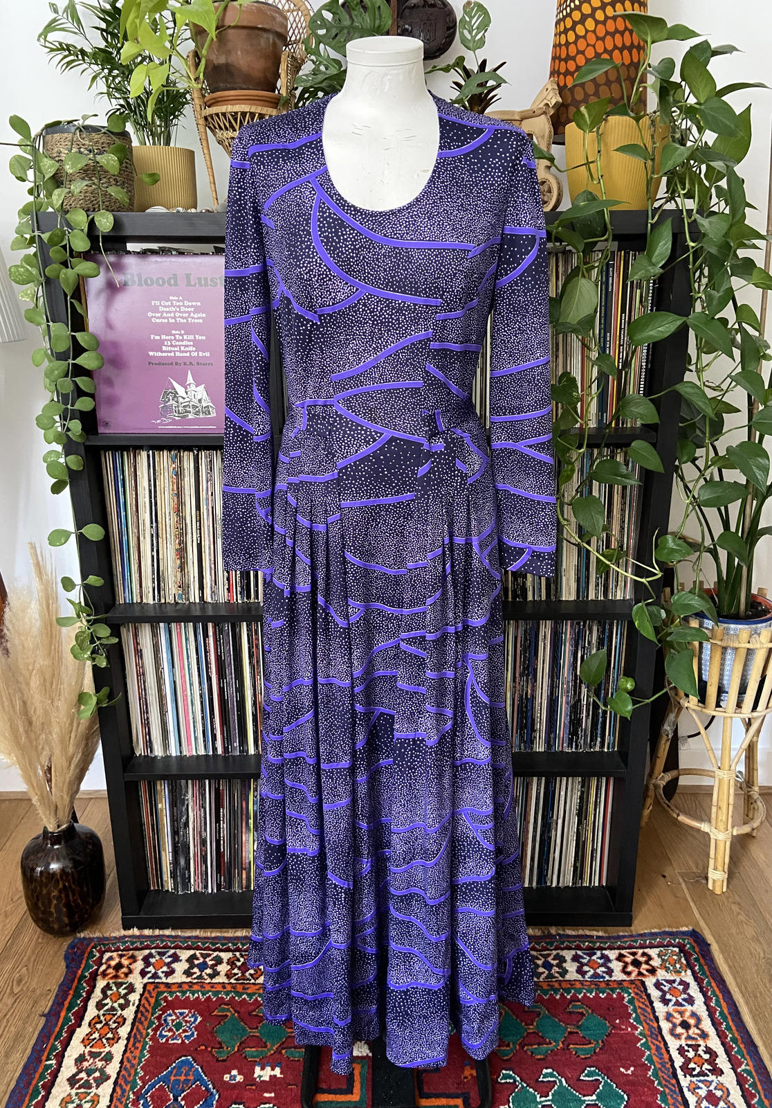 Vintage 1970s Purple Print Maxi Dress